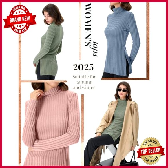 Ribbed Knit Turtleneck Sweaters 3 Pack Lightweight Pullover Side Split Tunic - Picture 2 of 7